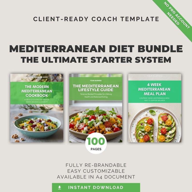 Paquete de dieta mediterránea / Plantilla editable de Canva, guía nutricional, plan de comidas, recetas saludables, coach de salud imagen 1