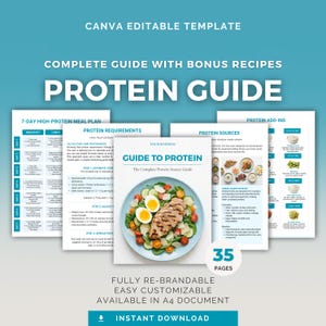 May include: A digital guide titled "PROTEIN GUIDE" with bonus recipes, featuring a 7-day meal plan and protein requirements. The guide includes a cover image of a plate with grilled chicken, eggs, and vegetables. The guide is fully re-brandable and customizable.