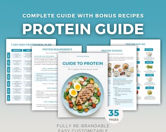 Proteinguide | Redigerbar Canva-mall, e-bok om näring, bonusrecept, hälsocoach-PLR