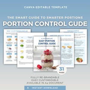 Guía fácil para el control de porciones / Plantilla editable de Canva / Hoja de referencia nutricional y tabla (PLR)