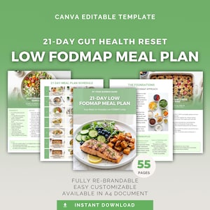 Puede incluir: Una plantilla editable en Canva de 55 páginas para un plan de comidas bajo en FODMAP de 21 días para la salud intestinal. El documento tiene un fondo verde con texto blanco, mostrando horarios de comidas, fundamentos nutricionales y fotos.
