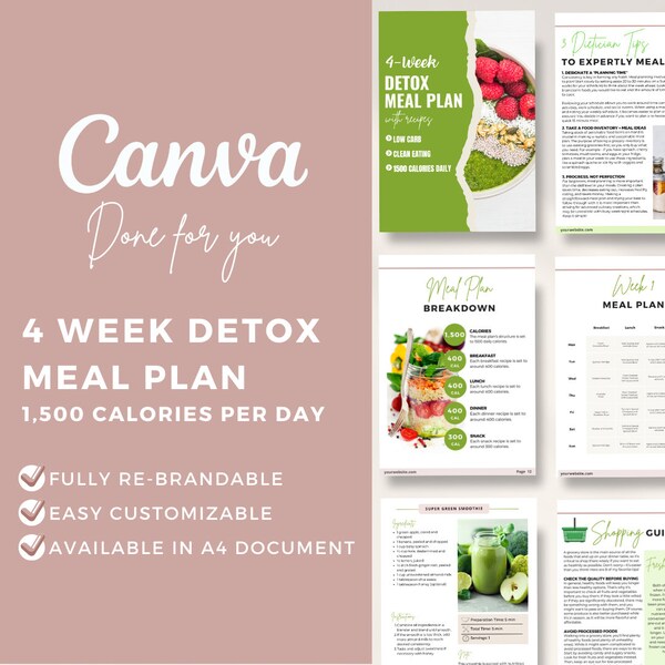 Canva Detox Speiseplan Vorlage für 4 Wochen | Gesunde Rezepte | 1.500 Kalorien pro Tag Mahlzeit Plan | Diät | Ernährung | Gesundheitscoach