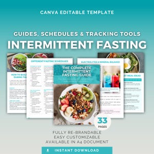 Könnte beinhalten: Eine digitale Vorlage für Anleitungen, Zeitpläne und Tracking-Tools für intermittierendes Fasten. Das Design zeigt ein Cover mit einer Schüssel Müsli und Obst sowie mehrere Seiten mit Text und Bildern. Die Vorlage ist vollständig anpassbar.