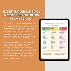 May include: A digital tablet displays a nutrition guide with the text "EXPERTLY DESIGNED BY A CERTIFIED NUTRITION PROFESSIONAL." The guide includes a carb quality and tolerance cheat sheet, listing foods categorized by their impact on blood sugar.