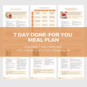 May include: A 7-day meal plan guide with recipes and a shopping list. The plan includes breakfast, lunch, and dinner options. The image features a cottage cheese bowl and a Greek yogurt bowl with strawberries and nuts.