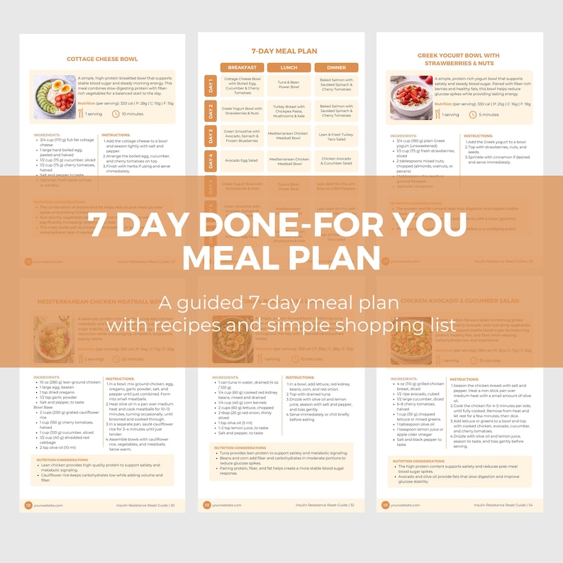 May include: A 7-day meal plan guide with recipes and a shopping list. The plan includes breakfast, lunch, and dinner options. The image features a cottage cheese bowl and a Greek yogurt bowl with strawberries and nuts.