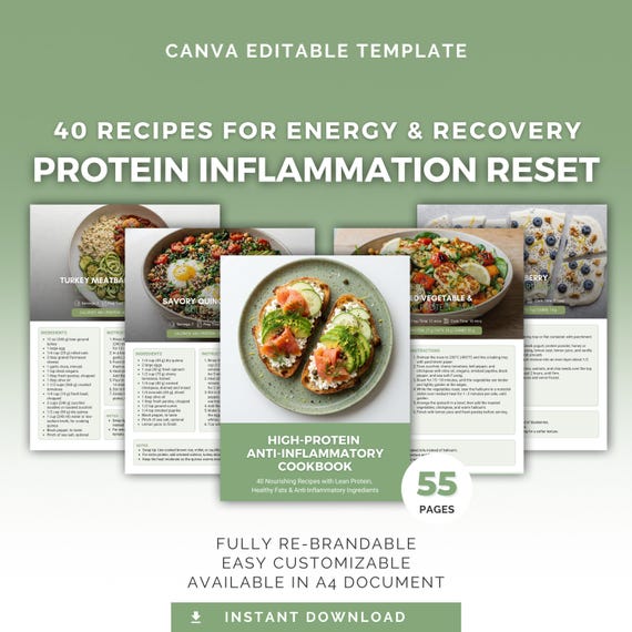 High Protein Anti Inflammatory Cookbook Canva Template, Healthy Recipes, Wellness Meal Plan, Nutritionist PLR