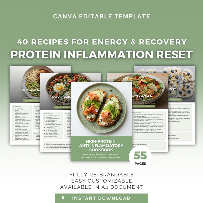 May include: A digital cookbook template titled 40 Recipes for Energy & Recovery Protein Inflammation Reset. The document features 55 pages of recipes with photos of meals like avocado toast, quinoa bowls, and turkey meatballs on a green background.