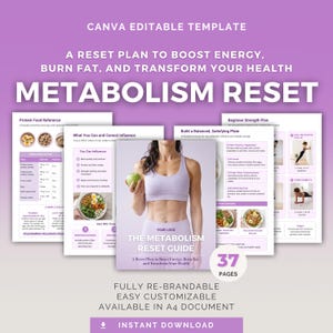 Puede incluir: Un conjunto de plantillas digitales titulado The Metabolism Reset Guide, que incluye 37 páginas de contenido sobre salud y nutrición. Los documentos contienen referencias de proteínas, planes de fuerza y guías de comidas en formato A4.