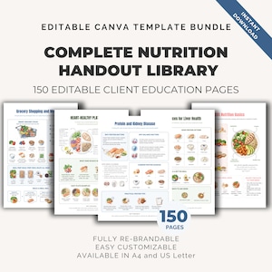 Peut inclure: Un ensemble de modèles Canva modifiables comprenant une bibliothèque complète de fiches nutritionnelles avec 150 pages d'éducation client. Les documents incluent du texte et des illustrations sur les courses, les assiettes santé et les maladies rénales.