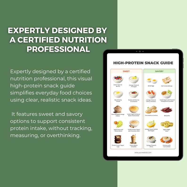 May include: A digital tablet displays a high-protein snack guide with sweet and savory options. The guide is designed by a certified nutrition professional and simplifies food choices. Text on the screen includes snack ideas and website information.