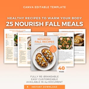 May include: A digital cookbook template with the title "25 Nourish Fall Meals." The cover features a photo of two slices of toast topped with squash. The template includes recipes for buckwheat bowls, quesadillas, and pumpkin rolls. The text says "Instant Download."