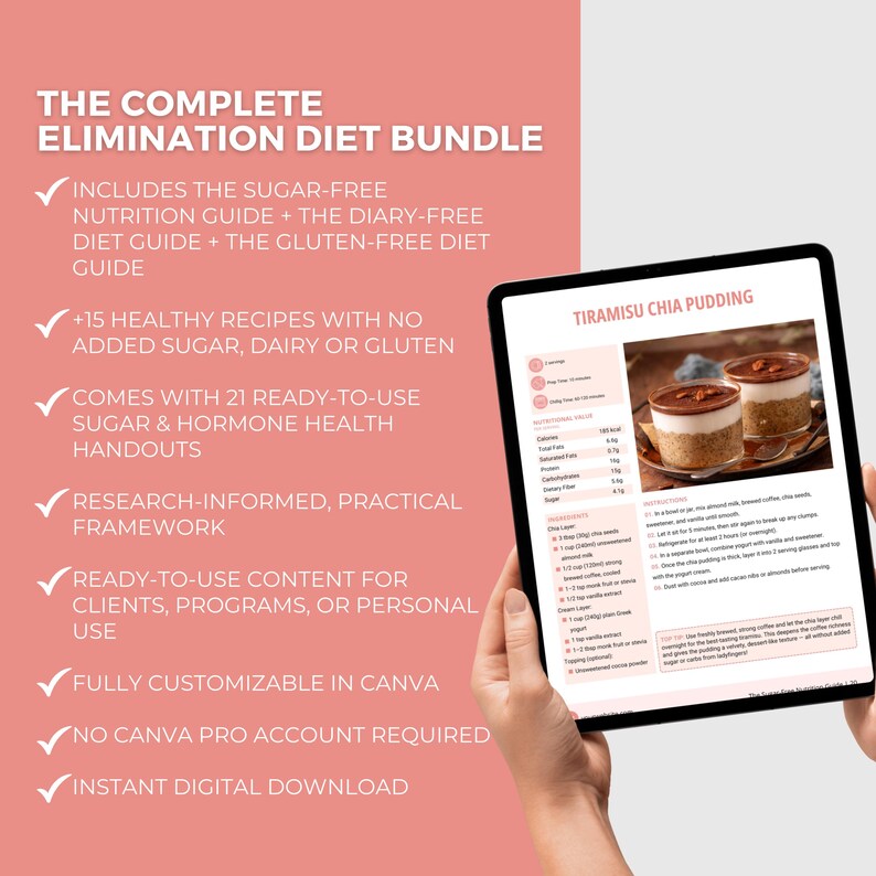 May include: A digital download bundle titled "The Complete Elimination Diet Bundle" with a tablet displaying a recipe for Tiramisu Chia Pudding. The bundle includes sugar-free, diary-free, and gluten-free guides, recipes, and health handouts.