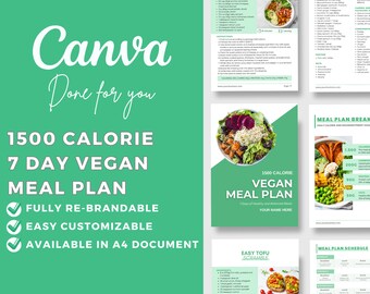 Puede incluir: Un plan de comidas vegano de 7 días imprimible digital en verde y blanco para 1500 calorías. El plan de comidas incluye una lista de la compra, un horario de comidas y recetas para platos como ensalada de quinoa, garbanzos y boniato y tofu revuelto fácil. El texto "Canva Done for you" está en la parte superior de la página.
