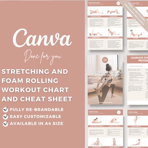 Plantilla editable de Canva: tabla de estiramientos y rodillos de espuma, hoja de trucos, ilustración de ejercicios, póster, descarga instantánea, ebook de fitness, DFY PLR