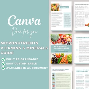 Modèle modifiable de guide des micronutriments Canva | Cartes Vitamines et minéraux essentiels | Régime alimentaire | Nutritionniste approuvée | Sources de nourriture | Alimentation
