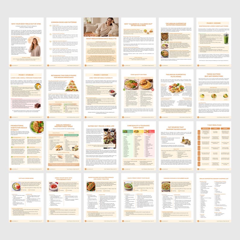 May include: A collection of informational pages with text and images, likely from a health or wellness guide. The pages feature titles like "Why Your Body Feels Out of Sync" and "The Insulin Supportive Plate Model". The color scheme is primarily beige and white.