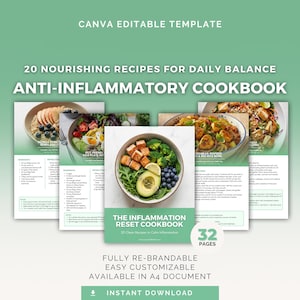 Libro de cocina antiinflamatoria / 20 recetas saludables / Plantilla editable de Canva / PLR para entrenadores de salud