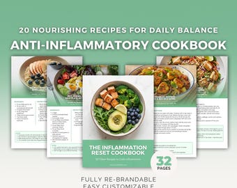 Libro de cocina antiinflamatoria / 20 recetas saludables / Plantilla editable de Canva / PLR para entrenadores de salud