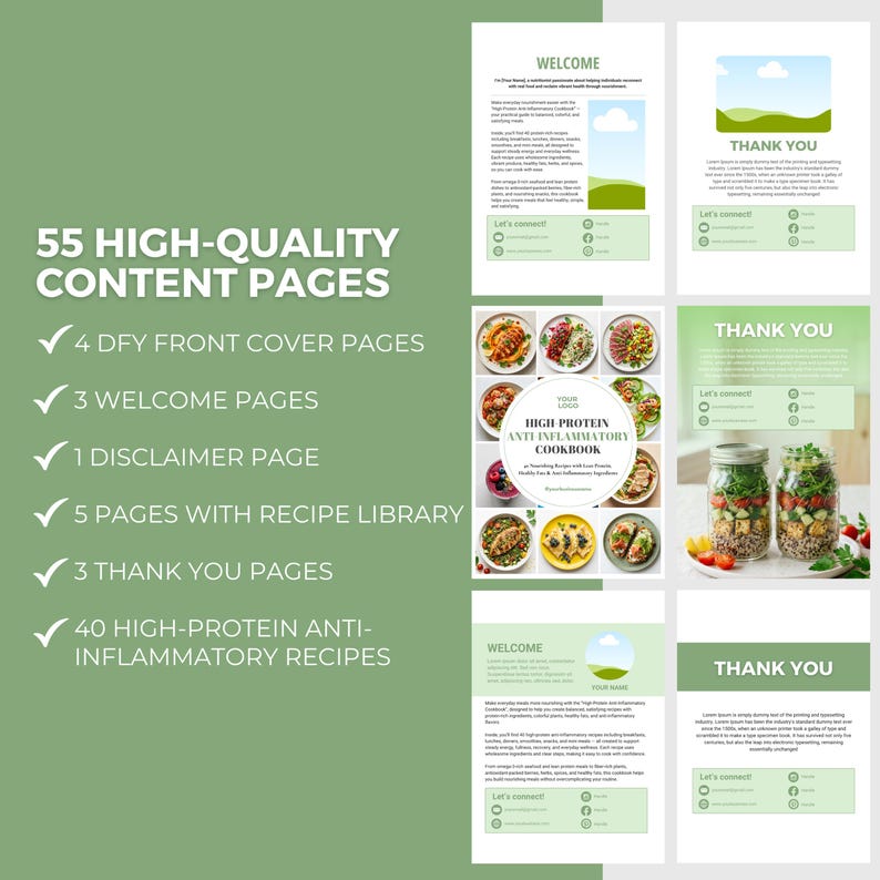 May include: A digital product bundle featuring 55 high-quality content pages for a high-protein anti-inflammatory cookbook. Includes cover pages, welcome pages, a disclaimer, recipe library pages, and thank you pages with various food images.