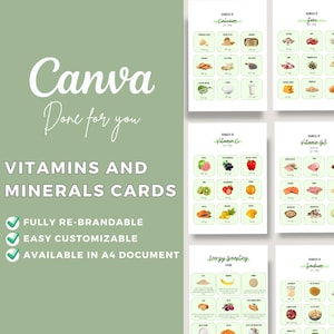 Bewerkbare canvassjabloon Vitaminen en mineralen Kaarten Grafieken Voedselbronnen Gezondheid Dieet Voeding Welzijn Hand-outs Gezondheidscoach Welzijn E-boek