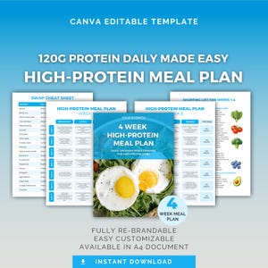 Op de afbeelding: Een digitale sjabloon voor een 4-weken high-protein maaltijdplan, ontworpen voor eenvoudige aanpassing. Het ontwerp omvat een swap cheat sheet, voorbeelden van maaltijdplannen en een boodschappenlijst. De sjabloon is beschikbaar in A4-documentformaat.