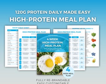 Puede incluir: Una plantilla digital para un plan de comidas alto en proteínas de 4 semanas, diseñada para una fácil personalización. El diseño incluye una hoja de trucos de intercambio, ejemplos de planes de comidas y una lista de compras. La plantilla está disponible en formato A4.