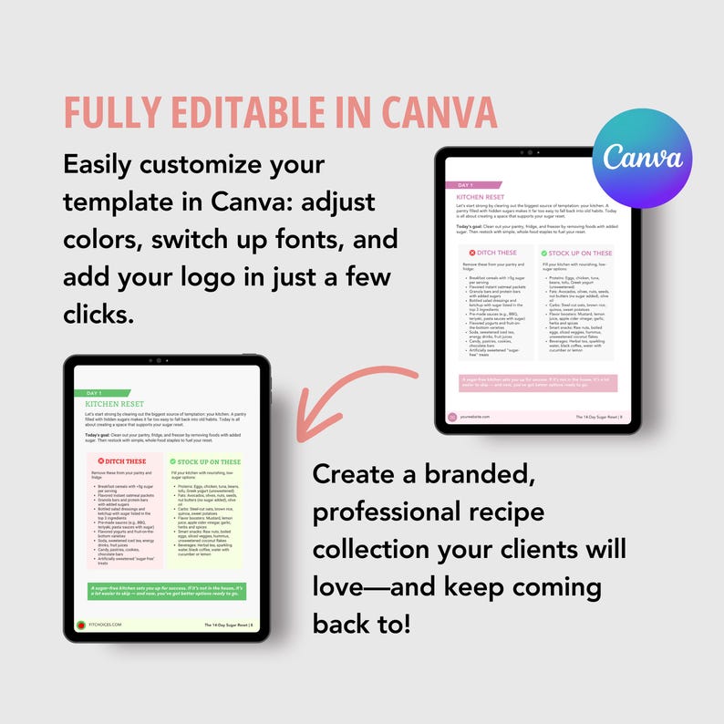 May include: Two tablets displaying a recipe template with the Canva logo in the upper right corner. The text reads "FULLY EDITABLE IN CANVA" and "Create a branded, professional recipe collection your clients will love&mdash;and keep coming back to!"