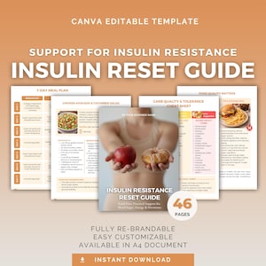 May include: A digital guide titled "Insulin Reset Guide" with the text "Support for Insulin Resistance." The cover features an apple and a donut. Additional pages detail a 7-day meal plan, a chicken avocado salad recipe, and a carb quality cheat sheet.