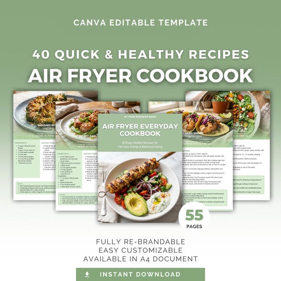 Air Fryer Healthy Recipe Cookbook Canva Template | 40 Recipes, Health Coach PLR