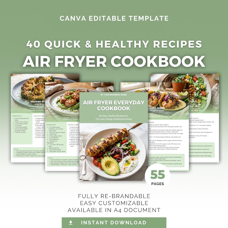 May include: A cookbook titled "Air Fryer Cookbook" with the text "40 Quick & Healthy Recipes." The cover features a photo of a meal with avocado and a skewer. The cookbook is fully re-brandable and available in A4 document format.