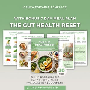 May include: A digital template titled "The Gut Health Reset" with a bonus 7-day meal plan. The cover features a plate of food with avocado, egg, and sweet potato. Other pages show food and information about gut health. The template is fully rebrandable.