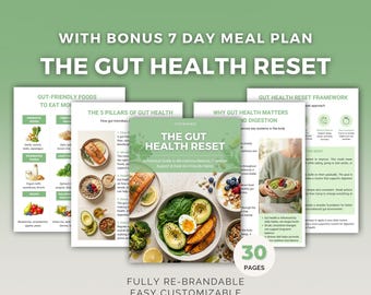 Plantilla de Canva para restablecer la salud intestinal con plan de comidas de 7 días y PLR de entrenador de bienestar