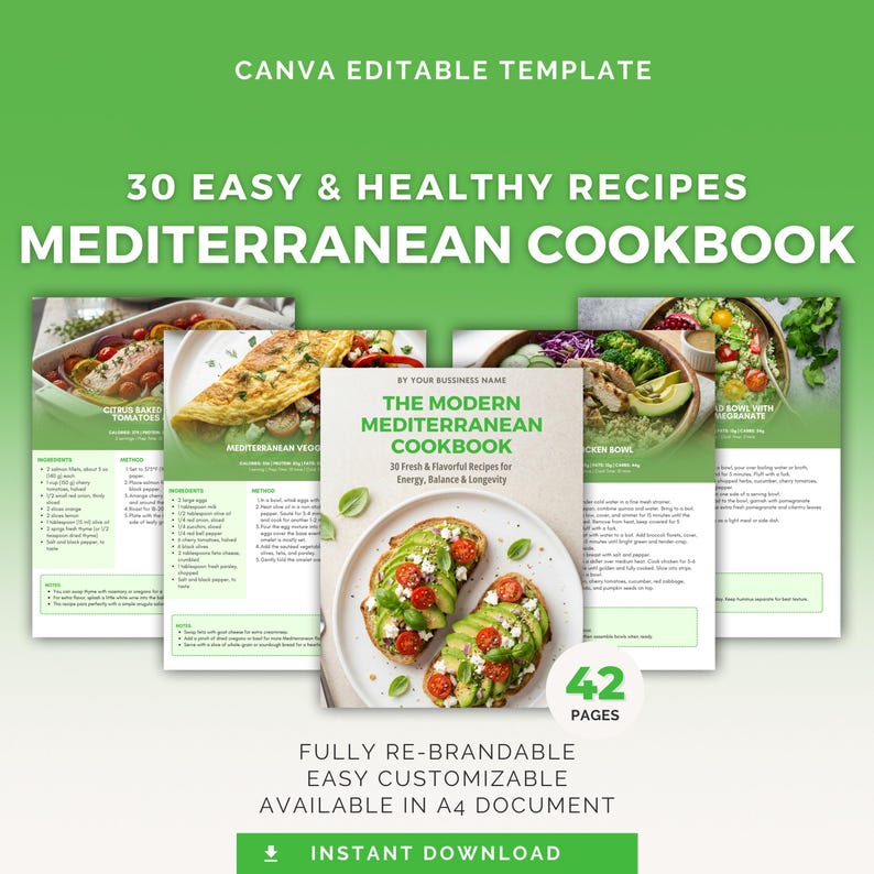 Mediterranean Diet Cookbook: Editable Canva Template, Health Coach PLR, Healthy Recipes, Nutrition image 1