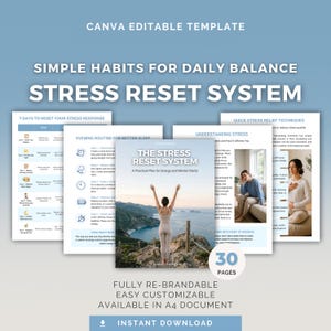 Puede incluir: Una plantilla digital titulada "The Stress Reset System" con el texto "Simple Habits for Daily Balance". La imagen incluye páginas con técnicas para aliviar el estrés y una mujer con los brazos levantados. La plantilla es totalmente personalizable.