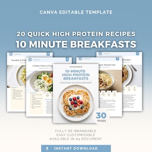 May include: A digital template for 20 quick high-protein recipes and 10-minute breakfasts. The cover features pancakes with berries. The template is fully rebrandable, easy to customise, and available in A4 document format. Includes 30 pages.