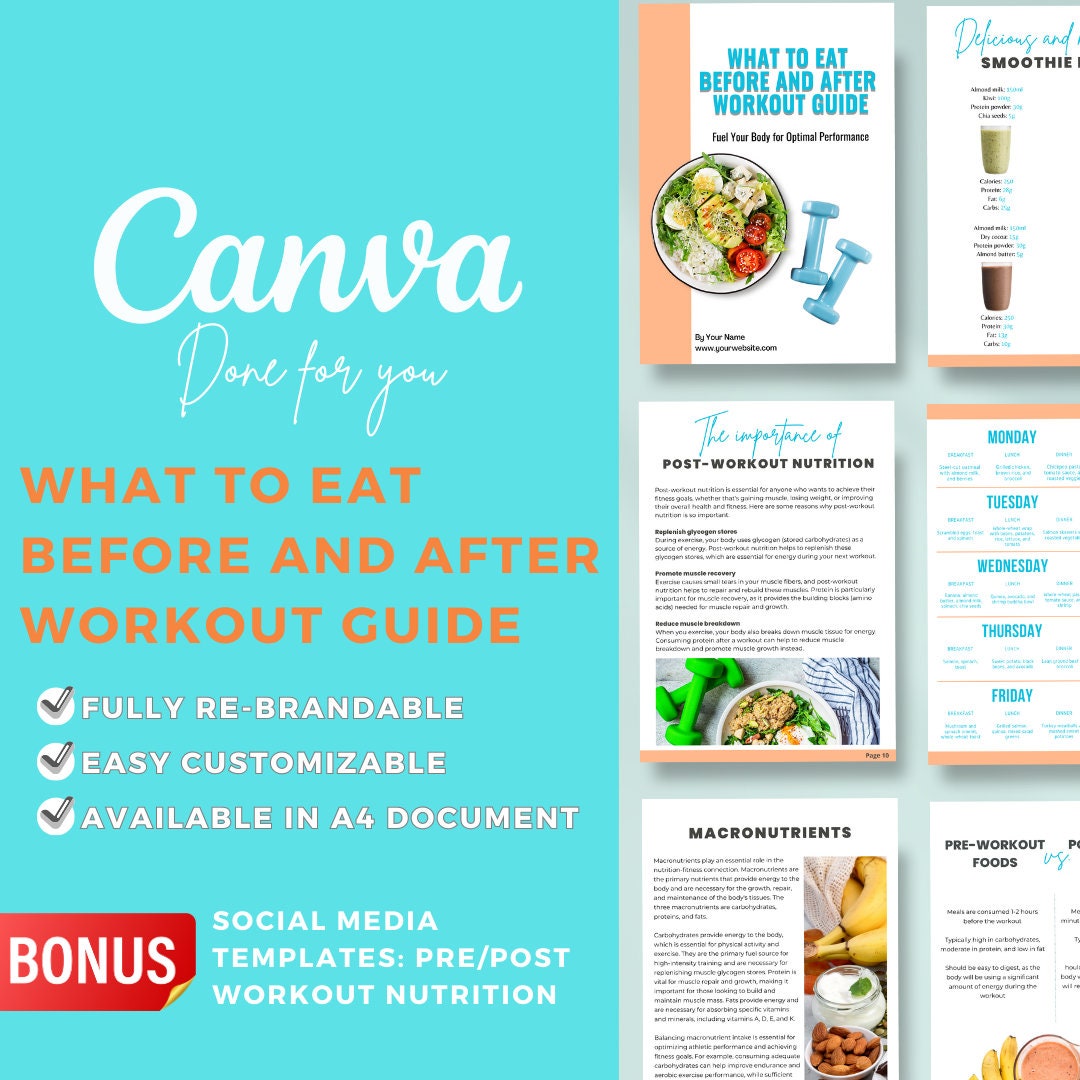 Editable Canva What To Eat BEFORE And AFTER Workout Guide Social Media editable-canva-what-to-eat-before-and-after-workout-guide-social-media