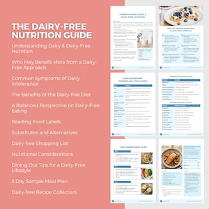 May include: A guide titled "THE DAIRY-FREE NUTRITION GUIDE" with a pink background. The guide includes sections on dairy-free nutrition, symptoms of intolerance, diet benefits, and a 3-day sample meal plan. Also includes a dairy ingredient terminology cheat sheet.