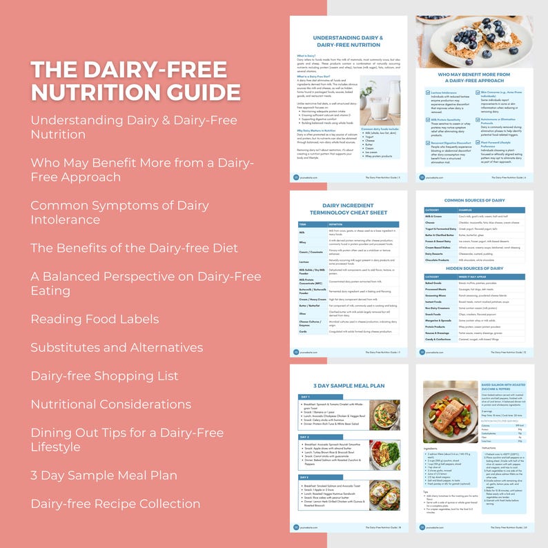 May include: A guide titled "THE DAIRY-FREE NUTRITION GUIDE" with a pink background. The guide includes sections on dairy-free nutrition, symptoms of intolerance, diet benefits, and a 3-day sample meal plan. Also includes a dairy ingredient terminology cheat sheet.