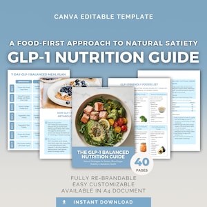 May include: A digital nutrition guide titled "GLP-1 Nutrition Guide" with a blue and white design. The guide includes a 7-day meal plan, a list of friendly foods, and a recipe for a savory cottage cheese bowl. The cover features a photo of a balanced meal.