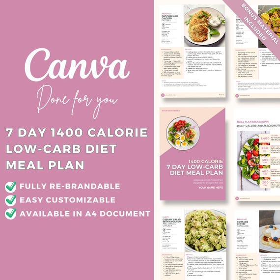 Low-Carb Meal Plan: 7-Day Editable Canva Template for Nutritionists, Health Coaches, Weight Loss