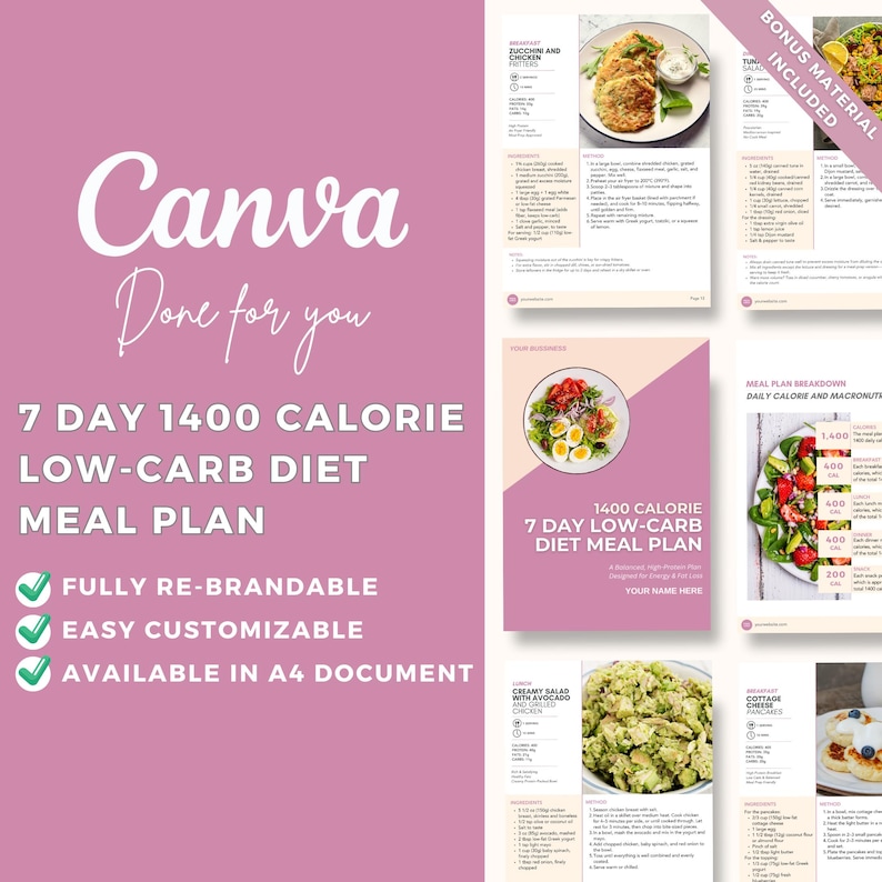 K&ouml;nnte beinhalten: Ein rosa Canva-Vorlage mit einem 7-Tage-Low-Carb-Di&auml;t-Ern&auml;hrungsplan mit 1400 Kalorien. Das Design umfasst Rezeptbilder, Mahlzeitenaufschl&uuml;sselungen und den Text "Vollst&auml;ndig rebrandbar", "Einfach anpassbar" und "Verf&uuml;gbar in A4-Dokument".