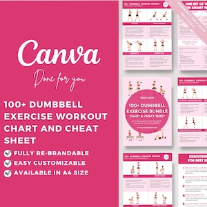 Editable Canva Template 100+ Dumbbell Exercise Workout Chart Cheat Sheet Coach Fitness Resource Illustration Weightloss Full Body Health DFY