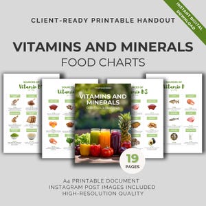 Puede incluir: Un conjunto de gráficos alimenticios imprimibles titulados "Vitaminas y Minerales" con el texto "Quick Charts & Cheat Sheet". Los gráficos muestran fuentes de vitaminas B, B3 y D, con imágenes de varios alimentos. La imagen incluye el texto "Instant Digital Download".