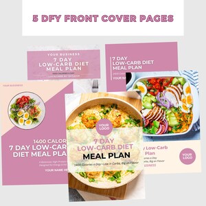 K&ouml;nnte beinhalten: F&uuml;nf Titelseiten f&uuml;r einen 7-Tage-Low-Carb-Di&auml;t-Essensplan. Das Design verwendet rosa und wei&szlig;e Elemente mit Text, darunter "1400 Kalorien pro Tag" und Bilder von Mahlzeiten wie Salaten und gebackenen Gerichten. Der Text "Your Business" ist ebenfalls sichtbar.