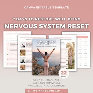 Puede incluir: Una plantilla digital con el texto "7 DAYS TO RESTORE WELL-BEING NERVOUS SYSTEM RESET". La plantilla incluye páginas con información sobre apoyo al estrés, conexión mente-cuerpo y técnicas de alivio del estrés. Totalmente personalizable.
