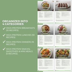 May include: A digital recipe book page featuring a green background with white text listing four categories: High-Protein Breakfasts, Lunches, Dinners, and Snacks. Six recipe cards are displayed, each showing a food photo and ingredient list.