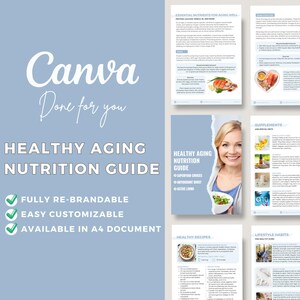 Può includere: Un modello Canva per una guida alla nutrizione per un invecchiamento sano. La guida include sezioni su nutrienti essenziali, superalimenti, integratori alimentari, ricette sane e abitudini di vita sane. Il modello è completamente ri-marchiabile e personalizzabile ed è disponibile in formato A4.