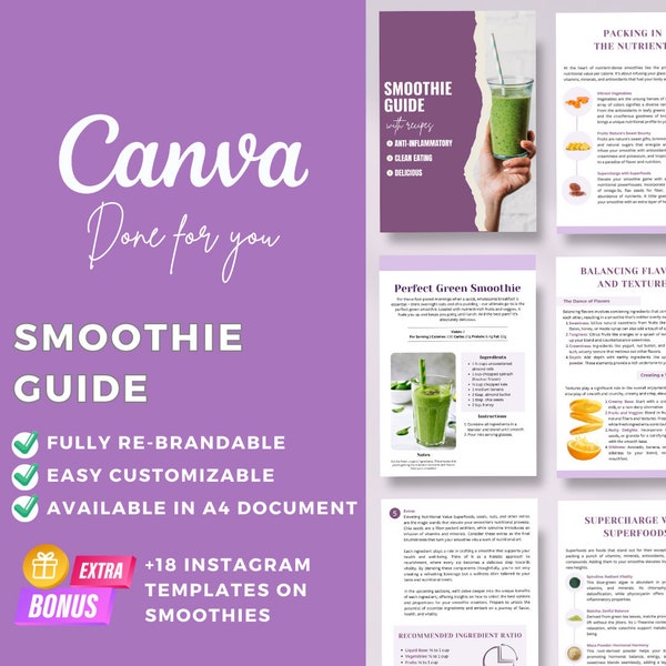 Guide des smoothies du modèle Canva modifiable | Santé | Régime | Alimentation | Recettes saines | Superaliments | Publication Instagram | Coach santé | Bien-être