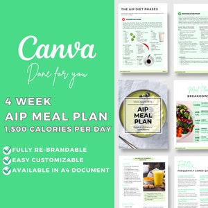 Editable Canva 4-Week AIP Meal Plan Template | Paleo Autoimmune Recipes | 1,500 Calorie Daily | Nutrition | Healthy | Anti-inflammatory Diet